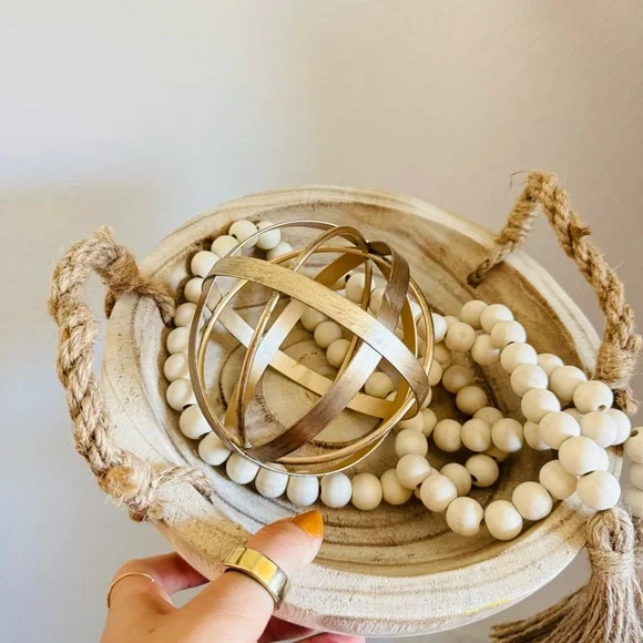 NEW POTTERY BARN White Cream Tan Wood Decor Low Bowl Knot Beads Chain Sphere - Picture 6 of 16